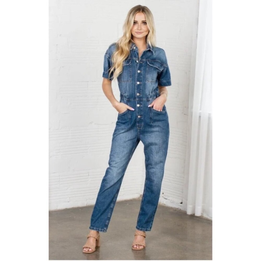 Free People We The Free Marci Denim Jumpsuit in High Noon Size Small - Picture 6 of 15